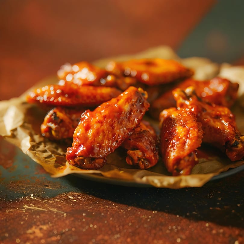 Close-up of MiMi's Craft Kitchen's American-style chicken wings, glistening with a rich, orange sauce.