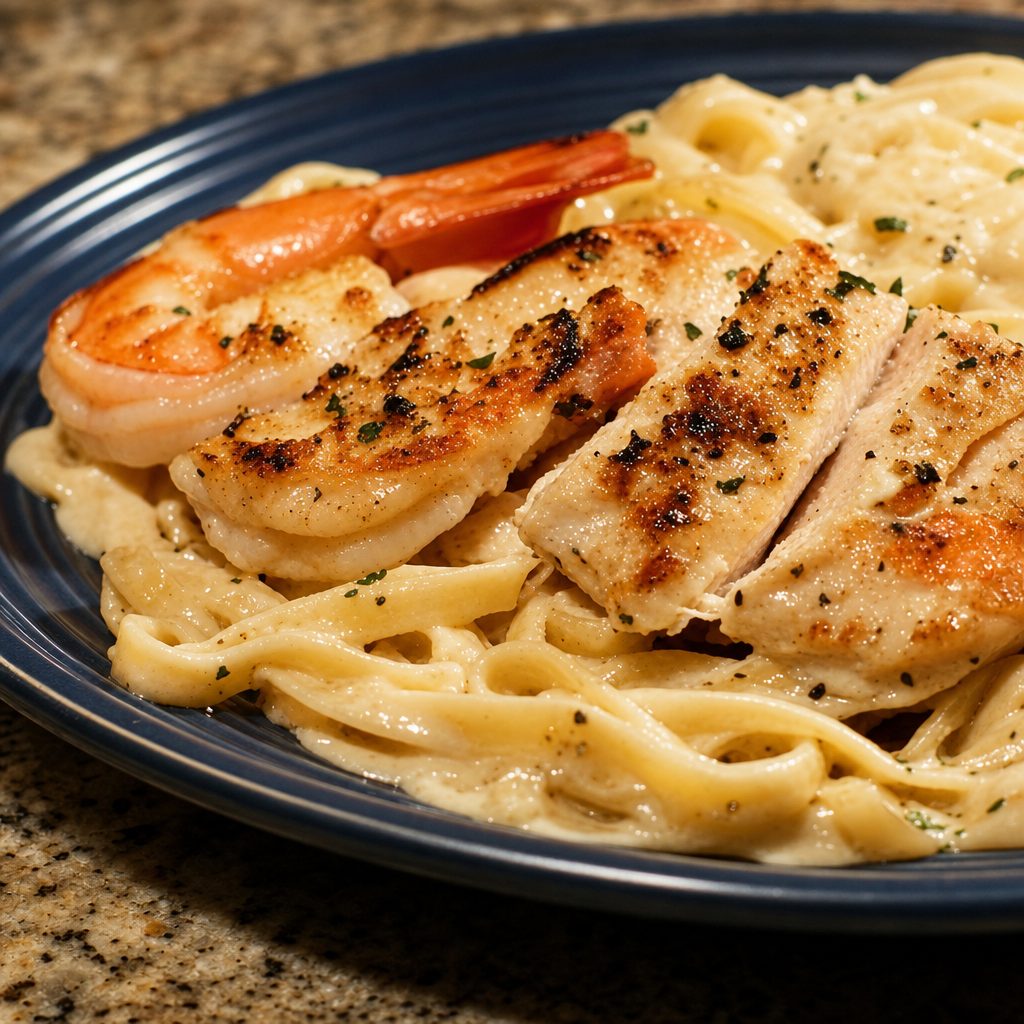 Chicken and Shrimp Alfredo.